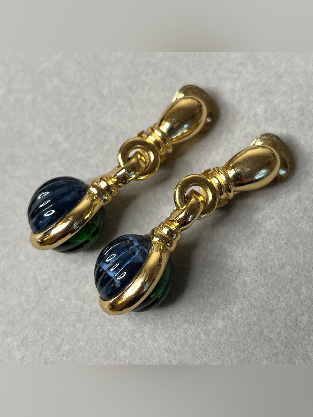 Christian Dior Vintage Gold Tone Clip-On Dangle Earrings Blue Green Ribbed Glass